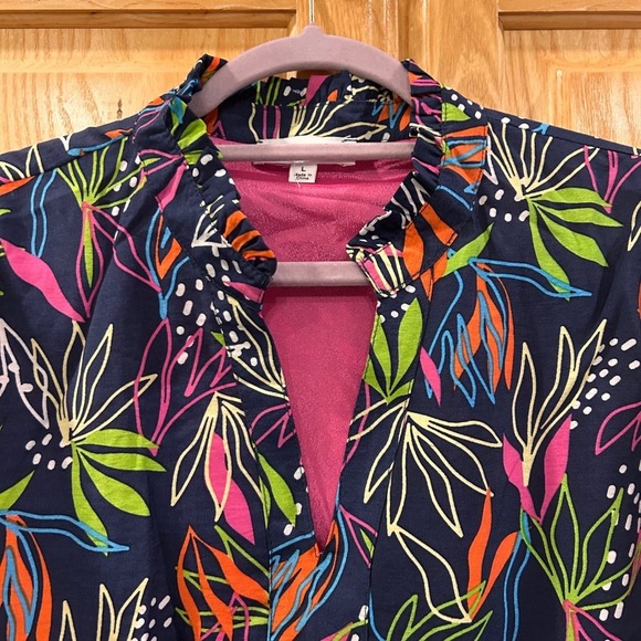 THML Women's Size L Navy Blue Colorful Leaf Print Tiered Short Sleeve Dress - Picture 5 of 8